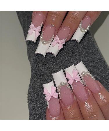 CRAZYNEKOS Soild Pearl Fake Nail Square Long Press on Nails White French Tips Nail Art Decoration for Women and Girls Manicure 24pc
