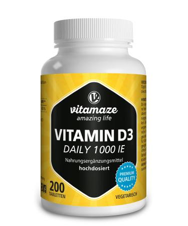 Vitamin D3 1000 IE highly dose & vegetarian 200 tablets for permanent care 25 mcg pure cholecalciferol natural nutritional supplement without additives made in Germany
