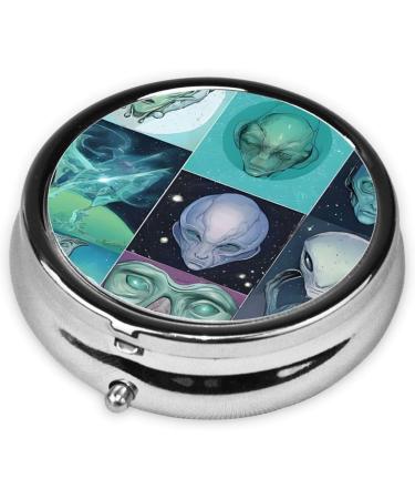 Green Alien Round Pill Box - 3 Compartment Mini Travel Organizer for Vitamins & Medicine - Portable Decorative Pocket Case - Buy Online on GoSupps.com
