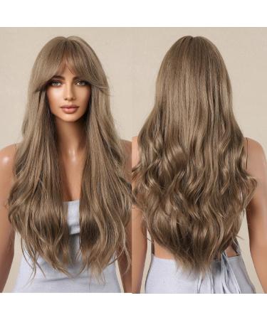 WOKESTAR Long Light Brown Wigs for Women Synthetic Hair Wig with Curtain Fringe