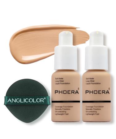 PHOERA 2PCS Foundation Liquid Foundation Foundation Full Coverage Long Lasting Perfect 30ml Matte Oil-Control Concealer 6 Colors Optional Great Choice and Gift (#104 Buff Beige 60ml) 60 ml (Pack of 1) #104 Buff Beige