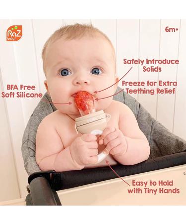 RaZbaby Baby Solids/Frozen Fruit Feeder Pacifier 2-Pack | BPA-Free Silicone Teether Toy for Infants 6M+ | Safe Introduction to Solids & Teething Relief | Dishwasher Safe | Orange/Blue + Green/Blue - Buy Online on GoSupps.com