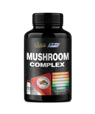 Cadane Mushroom Complex Supplements - 19in1 Concentrated with Lions Mane Cordyceps Sinensis Reishi Turkey Tail Mushroom Maitake Chaga Shiitake Enoki Agaricus and More - 120 Vegan Capsules