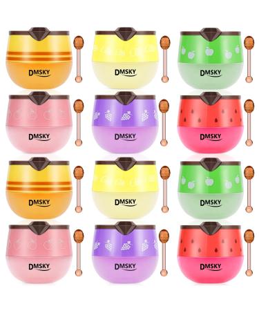 DMSKY 12 PCS Bee Lip Balm Lip Mask Honey Pot, Propolis Lip Mask Overnight Moisturizing Lip Balm with Stick, Sleeping Lip Mask Hydrating Prevention Dry & Cracked, Reduce Lip Lines 2*Strawberry & Green Apple & Peach & Lemon &