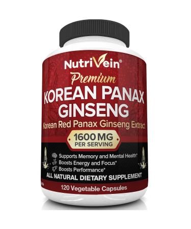 Nutrivein Pure Korean Red Panax Ginseng 1600mg - 120 Vegan Capsules - High Strength 5% Ginsenosides - Ginseng Root Extract Powder for Energy, Potency, Strength, Vigor and Focus for Men and Women