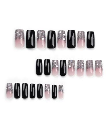 Mouyouglow Press On Nails - Medium Ballerina Nude Pink Gradient with Silver Glitter | Sparkly Black Fake Nails | Includes Nail Glue | Ombre Shimmer Artificial Fingernails - Buy Online on GoSupps.com