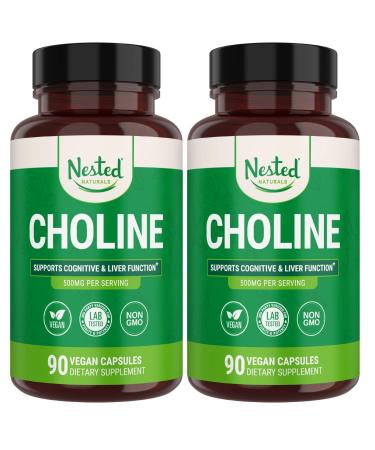Nested Naturals Choline Bitartrate 500mg - High Potency Choline Supplements - Supports Maternal & Fetal Health During Pregnancy* - 100% Vegan & Non-GMO - 2-Pack (180 Vegan Capsules) 90 Count (Pack of 2)