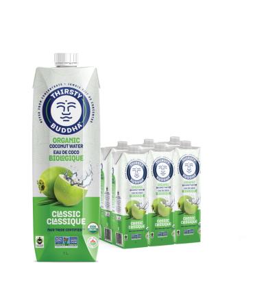 THIRSTY BUDDHA Coconut Water - Pure Coconut Water- Premium Coconut Water- Organic Coconut Water- Fair Trade Certified Coconut Water- All Natural Hydration Electrolytes Sports Drink- No Added Sugar Vegan Non-GMO Coconut Water 1L (6/1L) 1 l (Pack of 6)