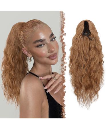 Feshfen ponytail hair part with cord strain long waves braid extension hair extensions synthetic wavy hair extension clip in ponytail for women 45 cm gold brown