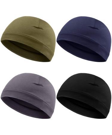 Syhood 4 Pieces Men Skull Caps Soft Cotton Beanie Sleep Hats Stretchy Helmet Liner Multifunctional Headwear for Men Women Black, Gray, Army Green, Navy Blue Solid Style