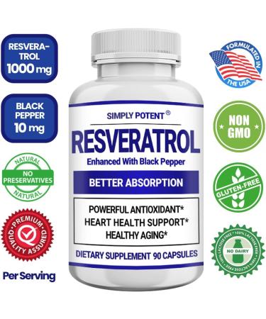 Resveratrol 1000mg Supplement Trans Resveratrol 500mg Resveratrol Enhanced with Black Pepper for Max Absorption Powerful Antioxidant & Anti-Aging Pills for Heart Immune & Skin Health 90 Capsules - Buy Online on GoSupps.com