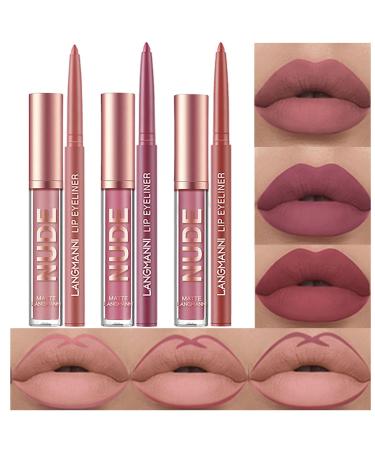 BestLand 6Pcs Matte Liquid Lipstick and Lip Liner Set  Non-Stick Cup Not Fade Waterproof Nude lipstick Makeup Kits Velvety Nude Lipliner Lip Gloss Make Up Gift Set (Set C)