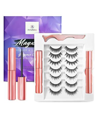 Arishine Magnetic Eyelashes Natural Look  Magnetic Lashes with Eyeliner  7 Pairs Reusable Magnetic Lashes Natural Looking with Tweezer - False & Fake Eyelashes Magnetic  No Glue Needed 17 Piece Set
