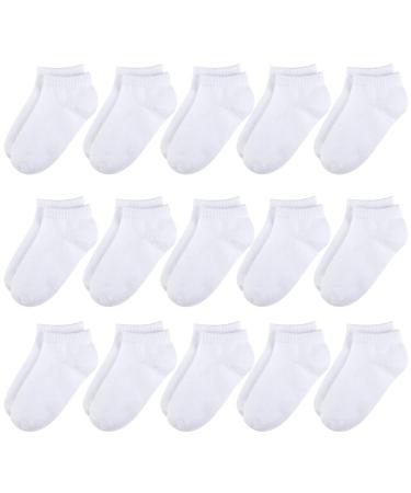 BOOPH 15 Pcs Kids Socks for Boys Girls Half Cushion Low Cut Athletic Ankle Socks White 4-6 Years