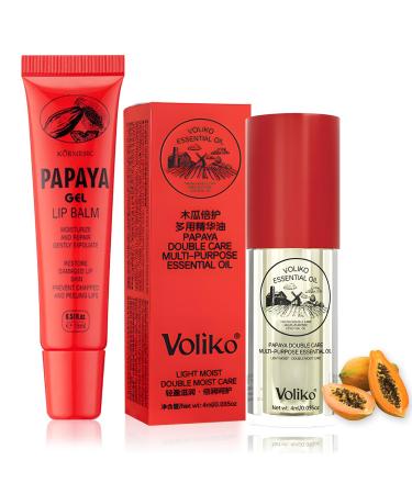 Lezehea 2piece set with Papaya Lip Oil Essence and Papaya Ointment Gel Lip Balm Pawpaw Lip Oil Lip Balm Repairing Lip Balm Double Care Moisturizing Scrub for Men & Women