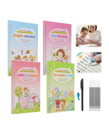 THEYUUKI Magic Book English 4 Pieces Children Magic Book Handwriting Practice Books For Children Magic Exercise Book English Magic Exercise Book With Pen With 8 Refills 1 Pen Pen Holder
