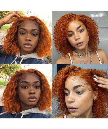 Orange T-Part Bob Wig 8 Inch Brazilian Curly Remy Human Hair Lace Front Wig 180% Density - Buy Online on GoSupps.com