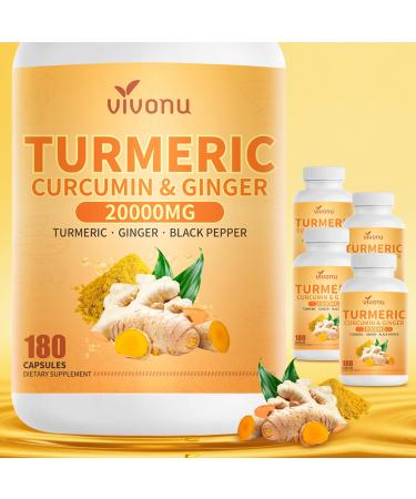 20000mg Turmeric Curcumin Supplement with Black Pepper 95% Curcuminoids 180 Capsules Turmeric and Ginger Supplement Herbal Supplement for Antioxidant Anti-inflammatory* Immunity Comfort Joint*