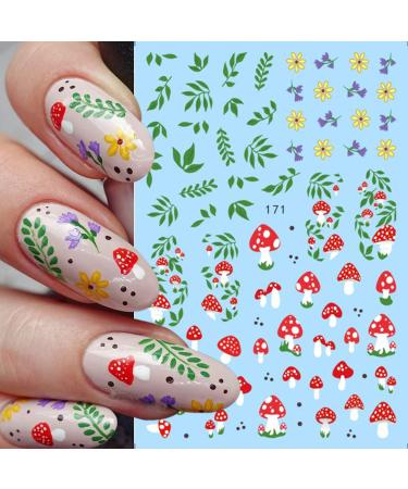 8 Sheets Spring Summer Nail Art Stickers Decals Cute Funny Mushroom Insect Cactus Nail Decals Ice Cream Snake Eyes Nails Stickers 3D Self-Adhesive Design for Girls Women Manicure Decoration Supplies