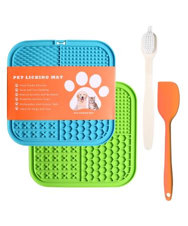 Q Line Licky Mats for Dogs - 2 Pack Slow Feeder with Strong Suction Cups - Soothes Anxiety Promotes Dental Health - Includes Spatula & Brush - Perfect for Bathing Grooming Training (Blue Green)