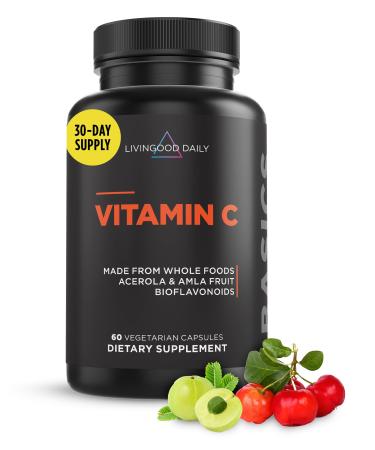 Livingood Daily Vitamin C Supplement 3-in-1 Whole Food-Based Vitamin C with Acerola & Amla Fruit Extracts and Citrus Bioflavonoids for Immune Support Vegan Gluten Free Non GMO 60 Capsules