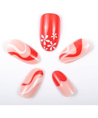 Valentine's Day Fake Press on Nails - NOVO OVO Short Almond Oval Red Heart Pink Swirl White Flower Thick False Nail Kit with Glue - Sweetie French Tip Acrylic Stick on Nails - Buy Online on GoSupps.com