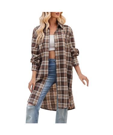 Yihaojia Women's Casual Lapel Button Down Long Plaid Shirt Coat 2023 Fall Styles Women Plaid Trench Coats Cardigans Thin Coffee#61 Small