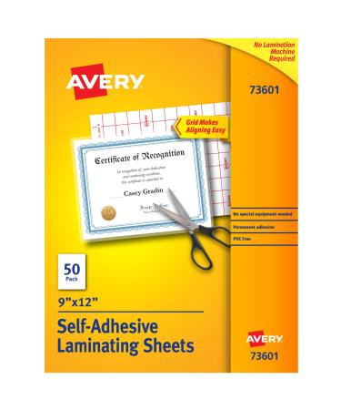 Avery 73601 Self-Adhesive Laminating Sheets, 9 x 12 Inch, Permanent Adhesive, 50 Clear Laminating Sheets 50 Sheets Regular