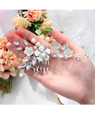 Bridal Hair Comb Silver Flower Wedding Hairpiece Crystal Side Combs for Women - A-Silver - Buy Online on GoSupps.com