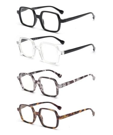 JM 4 Pack square reading glasses blue light blocking computer reader for women men spring hinge 4-pack mixed color 1.25 x