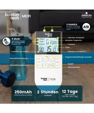 Boston Tech TENS Device - Pain Relief Therapy Stimulus Flow | 50 Programs & 16 Intensity Levels | 3-in-1 EMS Battery Device for Muscle Relaxation - International Shipping Available - Buy Online on GoSupps.com