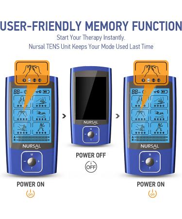 NURSAL TENS EMS Unit Muscle Stimulator for Pain Relief Therapy  Electric 24 Modes Dual Channel TENS Machine Pulse Massager with 12 Pcs Electrode Pads/Continuous Stable Mode/Memory Function Blue - Buy Online on GoSupps.com