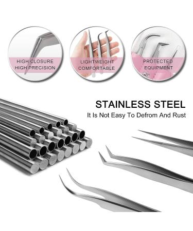 Quewel Eyelash Extension Tweezers Set - Curved and Straight Stainless Steel Precision Tweezers, Lash Applicator Tool for Extension Supplies - Matte Silver (3 pcs) - Buy Online on GoSupps.com