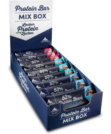 Multipower 53% protein boost - 20 x 45 g protein bar mix box - 24 grams protein per energy bar - with protein bars in 3 flavors 900 g