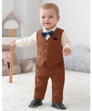 Baby Boy Formal Tuxedo Clothing Set 3-6 Months Brown | Gentleman Romper Jumpsuit with Bow Tie and Pants - Buy Online on GoSupps.com
