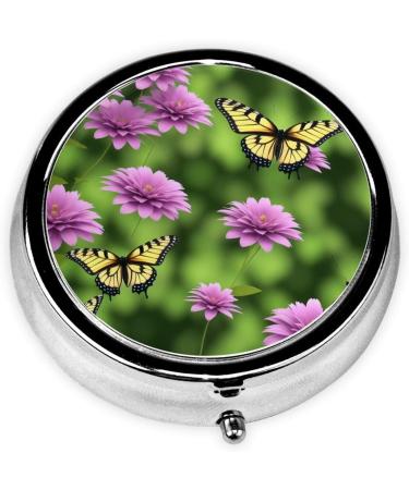 Butterfly & Purple Flowers Mini Round Pill Box | 3-Compartment Portable Pill Organizer for Travel | Stylish & Functional Medicine Case - Buy Online on GoSupps.com