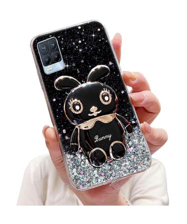 Tivenfezk nadoli for oppo realme 8 4g hare hidden stand shell caricature glitter rabbits stand soft silicone bling cell phone case transparent protective cover opo realme 8 4g black
