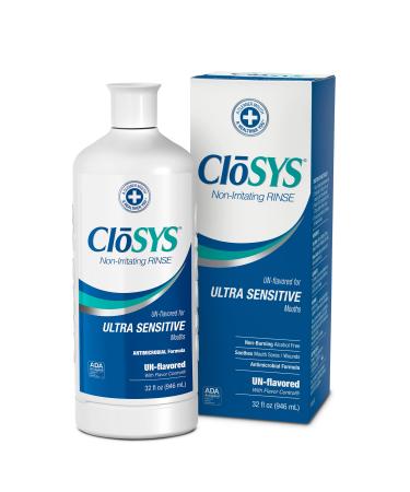CloSYS Ultra Sensitive Mouthwash, 32 Ounce, Unflavored (Optional Flavor Dropper Included), Alcohol Free, Dye Free, pH Balanced, Helps Soothe Entire Mouth 32 Fl Oz (Pack of 1)