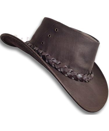 Oztrala Buffalo Leather Hat Australian Outback Western Cowboy Mesh Mens Womens Kids Jacaru Black Brown Tan HLBS HLBB Solid Brown 7 3/8