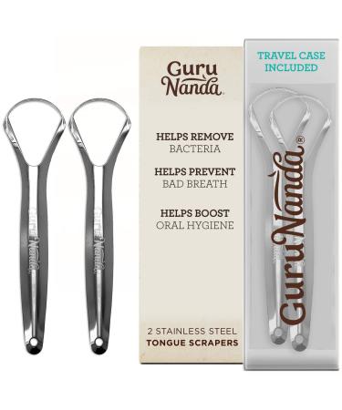 GuruNanda Stainless Steel Tongue Scraper (Pack of 2), Fight Bad Breath, Medical Grade 100% Stainless Steel Tongue Cleaner, Tongue Scraper For Adults and Kids, Great For Oral Care, Travel Friendly 2 Count (Pack of 1)