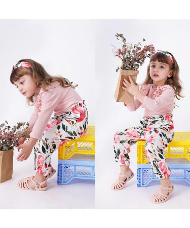 OFIMAN Toddler Baby Girl Outfits Set | Long Sleeve Ruffle Tops + Floral Pants + Bow Headband | 2-3 Years, Long-pink - Buy Online on GoSupps.com
