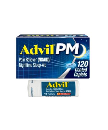 Advil PM Pain Reliever and Nighttime Sleep Aid Ibuprofen for Pain Relief and Diphenhydramine Citrate for a Sleep Aid - 120 Coated Caplets and Pain Reliever and Fever Reducer 10 Count Tablets Medication