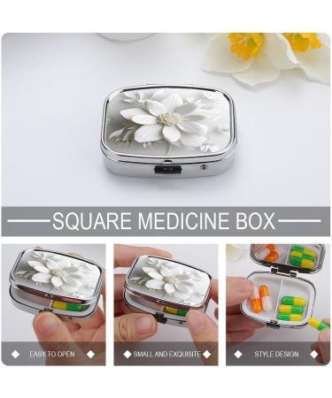 Stylish White Flower Print 2 Compartment Pill Box | Portable Metal Pill Organizer for Pocket & Purse - Ideal for Travel - Buy Online on GoSupps.com