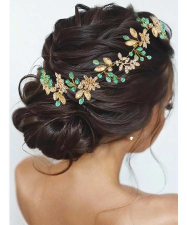 Campsis Rhinestones Bridal Hair Vine for Wedding Gold Flower Crystal Headband Breath Hair Vine Leaf Hair Accessories for Bride Bridesmaid Flower-Leaf Headpieces
