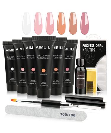 AIMEILI Builder Gel Nail Kit 6 Colours 15ml Nail Extension Kit UV LED Nail Enhancement Gel Starter Kit with Slip Solution False Nail Kit2 Builder Kit2