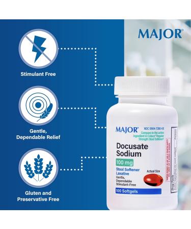 Major Docusate Sodium 100 mg - Stool Softener Laxative Softgels for Occasional Constipation Relief - Stool Softeners for Women Men and Kids - Stimulant-Free - 100 Softgels (8 Pack) - Buy Online on GoSupps.com