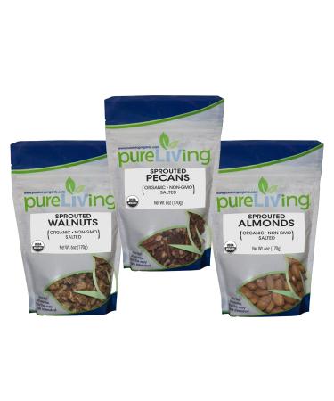 PureLiving SPROUTED Organic Almonds Pecans and Walnuts with Salt Variety Pack (6 Ounces each bag) - Sweet crunchy and exceptionally nutrient-dense!