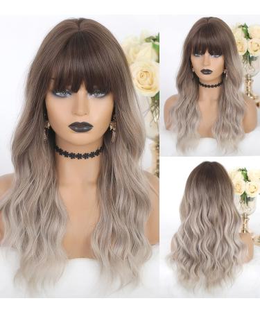 LANOVA Brown Ombre Ashy Silver Wigs with Bangs Wavy Hair Synthetic Glueless Wigs for Women 18 inch LANOVA-137 Ombre Ashy Silver Blonde