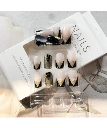 Gold Glitter V Shape French Tip Press on Nails - Medium Square False Nails for Women | DIY Manicure with Pink Acrylic Glossy Finish - Buy Online on GoSupps.com