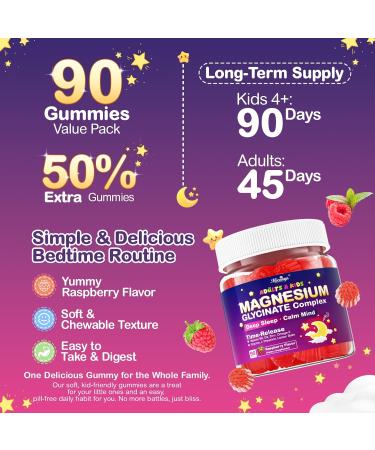 Magnesium Glycinate Gummies for Kids & Adults 90 Counts No Melatonin Magnesium Gummies for Sleep & Calm Sugar Free Vegan with Glycine L-Theanine B6 D3 Zinc & Omega 3 - Raspberry Flavor 90 Count (Pack of 1) - Buy Online on GoSupps.com